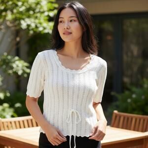 Vintage Y2K 2000s PC Knitwear White Slit Tie Cropped Crop Knit Tee T-Shirt Large